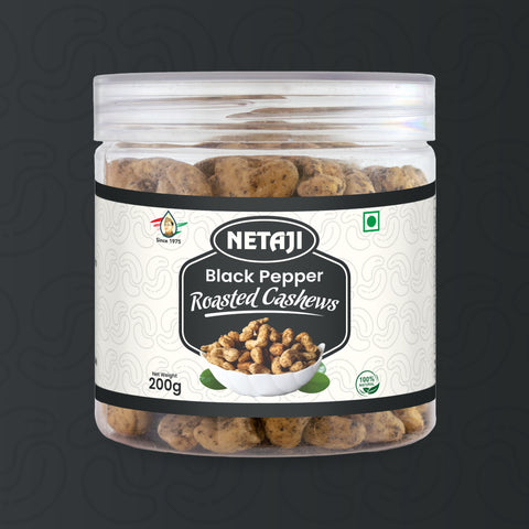 Netaji Black Pepper Roasted Cashew Nuts 200gms Pack || Grade A+ Kernels || Roasted @ Low Temperature