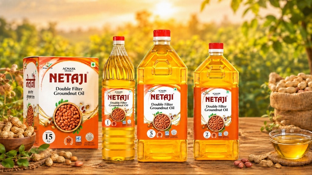 Netaji Double Filter Groundnut Oil pack range — 15 Kg, 1 Litre, 5 Litre and 2 Litre