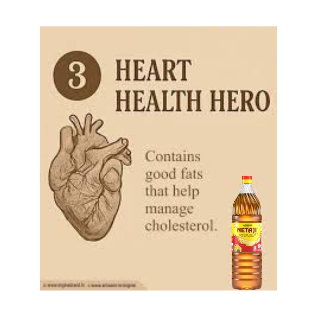 Bottle of Netaji Kacchi Ghani Mustard Oil highlighting heart health benefits like omega-3, MUFA, and natural antioxidants