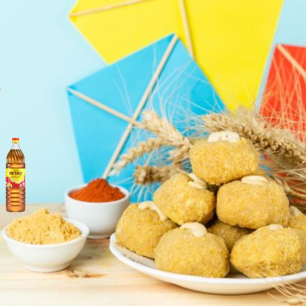 Netaji Kacchi Ghani Mustard Oil with festive Indian kitchen setup for Makar Sankranti celebration.”